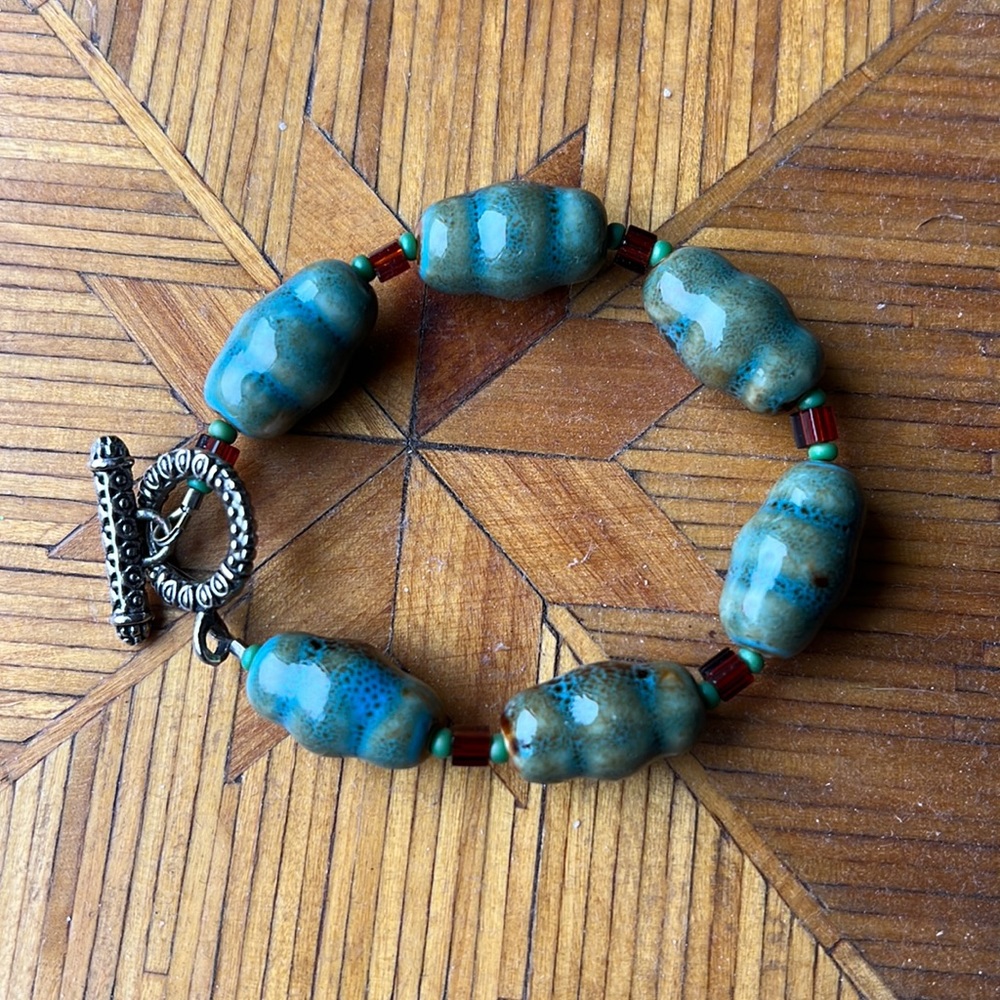 Blue Green ceramic bead bracelet handmade in Vermont